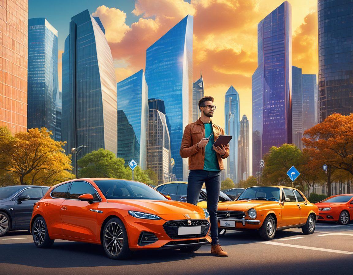 A stylish car enthusiast holding financial documents in one hand and car keys in the other, surrounded by vibrant icons of car insurance and financing options like coins, calculators, and policy papers. In the background, a sleek, modern cityscape with silhouettes of cars and roads to represent mobility and finance. The scene conveys a sense of empowerment and excitement about financing and insurance decisions. vibrant colors. super-realistic. 3D.