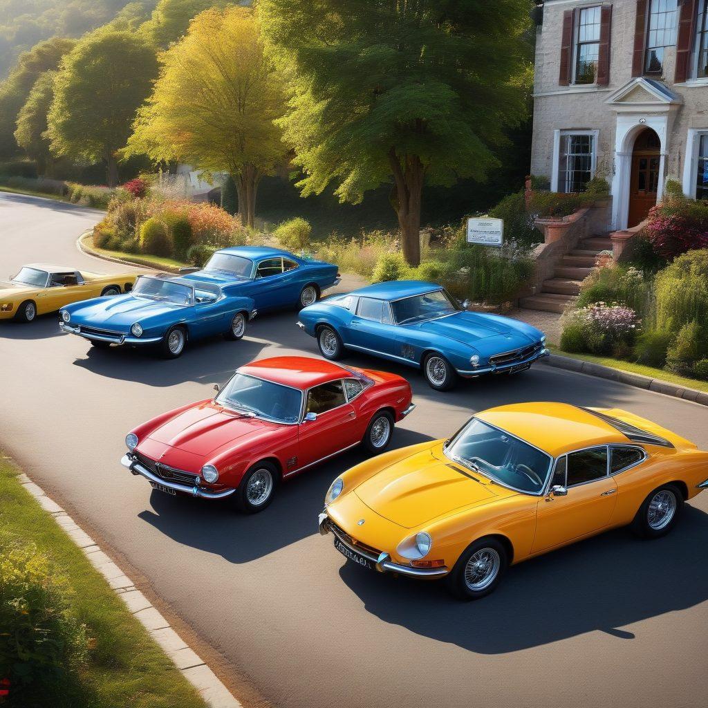 A vibrant scene showcasing an eclectic mix of classic and modern cars parked in a picturesque landscape, featuring a sunlight-drenched road sign that reads 'Drive Your Passion.' Incorporate auto insurance symbols like a shield or policy document integrated into the scenery. Add a diverse group of car enthusiasts joyfully discussing their vehicles. super-realistic. vibrant colors. dynamic composition.